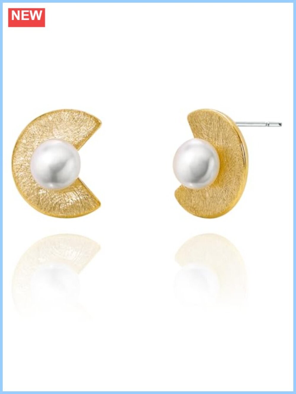 Gold-Tone Crescent Stud Earrings with Freshwater Pearls Textured